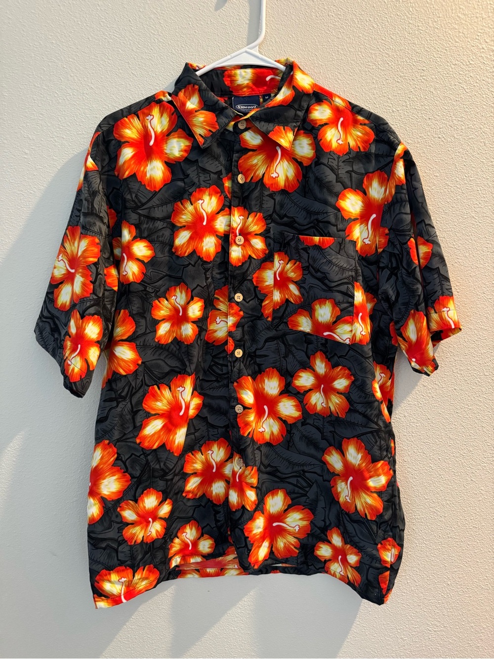 Short-Sleeve Hawaiian Button-Down Shirt - Black with Orange Floral